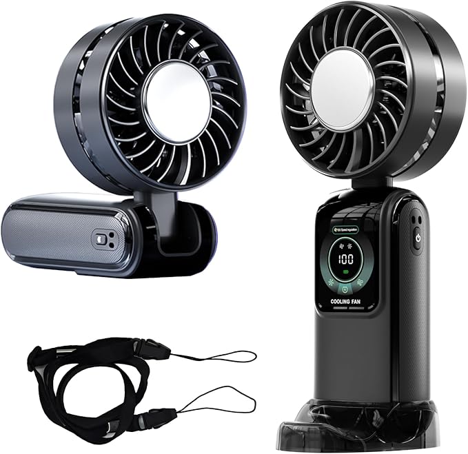 GZEduld Portable Handheld Fan with Stand & Lanyard, 5000mAh USB-C Rechargeable Battery, 12H/5-Speed LED Display Mini Fan for Travel Beach Cruise Concerts Outdoor Events(Black)