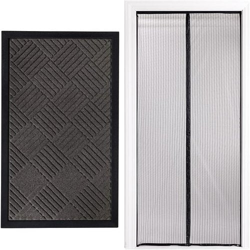 Gorilla Grip All-Season Doormat & Magnetic Screen Door Bundle - Heavy Duty Mesh, Gray Diamond, 17x29 in & 38x82 in