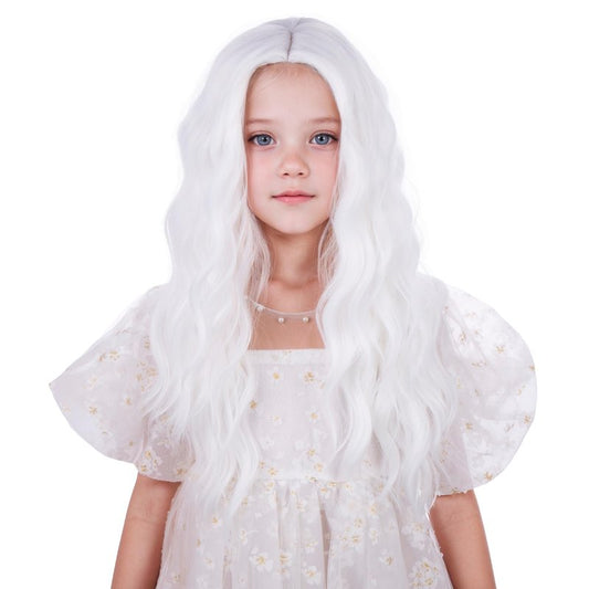 Edivd White Wig for Girls Kids Long White Wavy Curly Wig Middle Part Wigs for Child Heat Resistant Synthetic Wigs with Cap