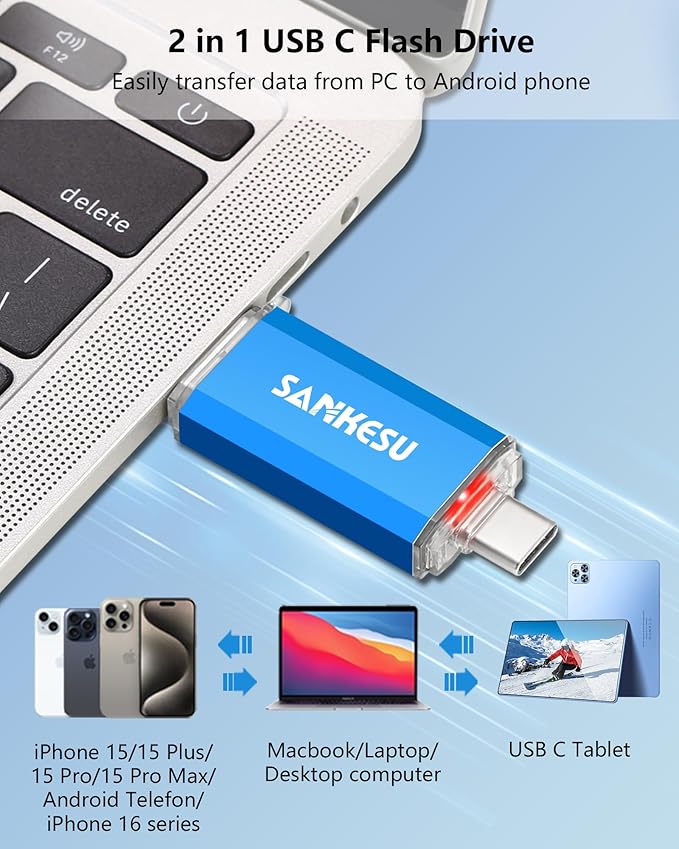 SANKESU USB C Flash Drive 256GB Thumb Drive for Android Phone USB 3.1 Type-A & Type-C Dual OTG Photo Storage Memory Stick Compatible with PC Laptop Macs Smartphone Tablet