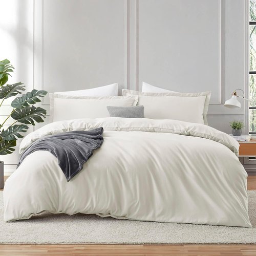 Hearth & Harbor Queen Duvet Cover Set - Soft Off White 3-Piece Bedding with Button Closure | 90x90 Inches