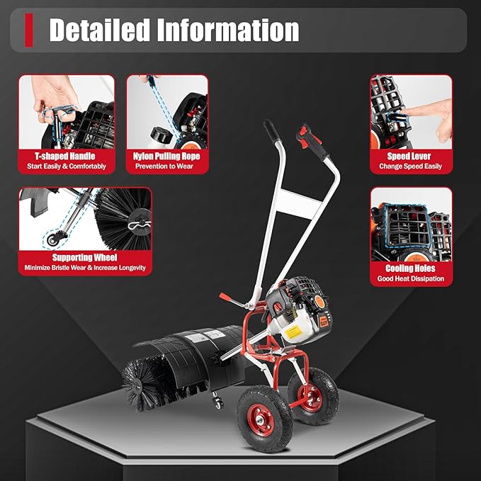 2.5HP 52CC Gas Power Handheld Sweeper, Driveway Turf Snow Broom Brush Cleaner Artificial Grass Walk Behind Electric Lawn Power Outdoor Road Street High Performance Cleaner