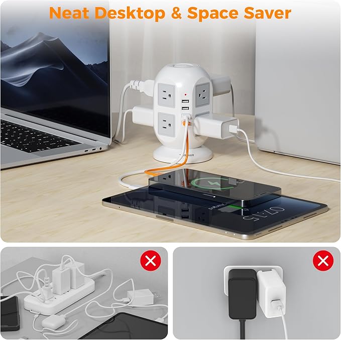 TESSAN Tower Power Strip 10 ft, Long Flat Extension Cord with Multiple Outlets, 8 AC Outlets with 4 USB Ports (1 USB C), Charging Station with, for Home Office Dorm