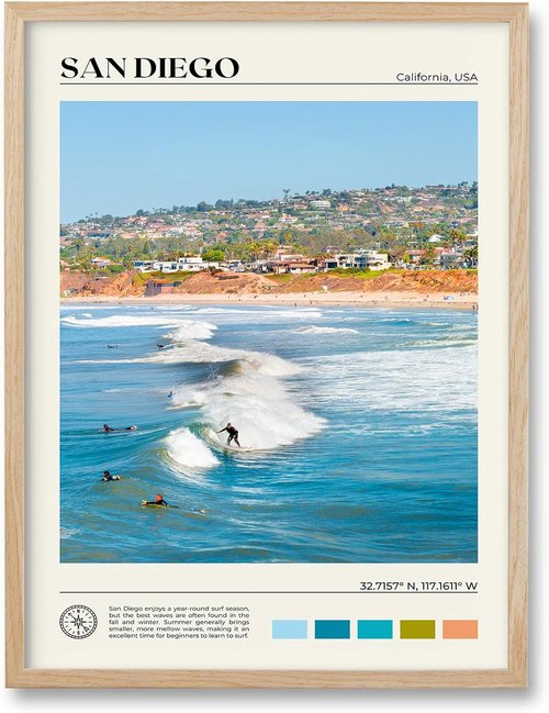 HesenDot Framed Wall Art - Natural Oak Wood Surfing Canvas Print | 12x16in Seascape Decor for Home & Office
