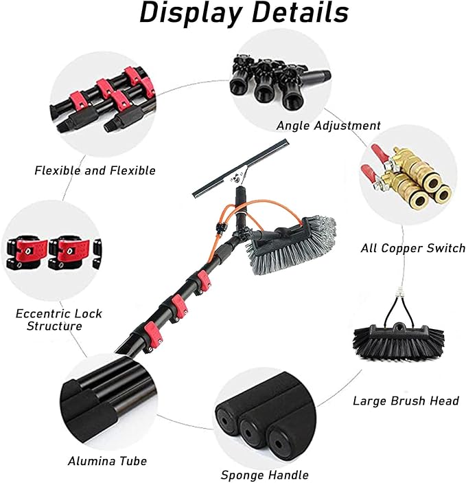 Window Cleaning Wand, Water Feeding Telescopic Brush for Pv Panel Cleaning - 12M/40Ft, Roof Cleaning Tool Window Cleaner Kit,35Cmbrushhead-9M/30Ft,35cmbrushhead,6M/20FT