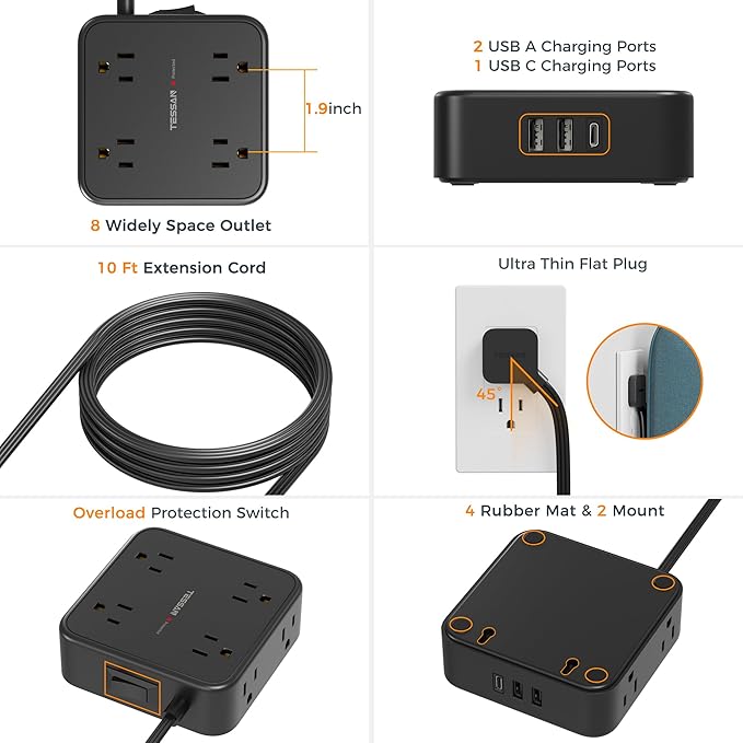 TESSAN Surge Protector Power Strip, 10 Ft Flat Plug Extension Cord with 3 USB (1 USB C) 8 Outlets, 1250W, 900J Protection, 3 Sided Outlet Extender with Power Switch for Office, Dorm Room, Black