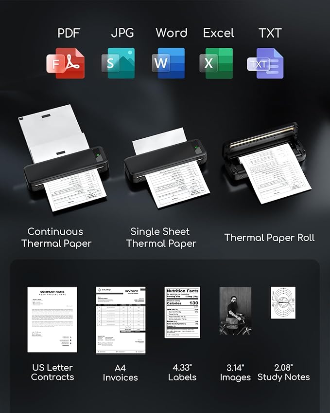 Portable Printers Wireless for Travel, A285M Small Inkless Thermal Printer, Bluetooth Mobile Printer Support 8.5" X 11" Letter & A4 Thermal Paper, Compatible with iPhone Laptop for Home Office Receipt