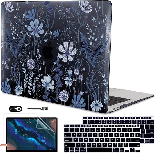 LCMOCICO for 2018 2019 2020 2021 MacBook Air 13 Inch Case M1 A2337 A2179 A1932, Pattern Plastic Hard Shell Case Cover for MacBook Air 13.3 M1 with Retina Display & Touch ID, Wild Flowers Black