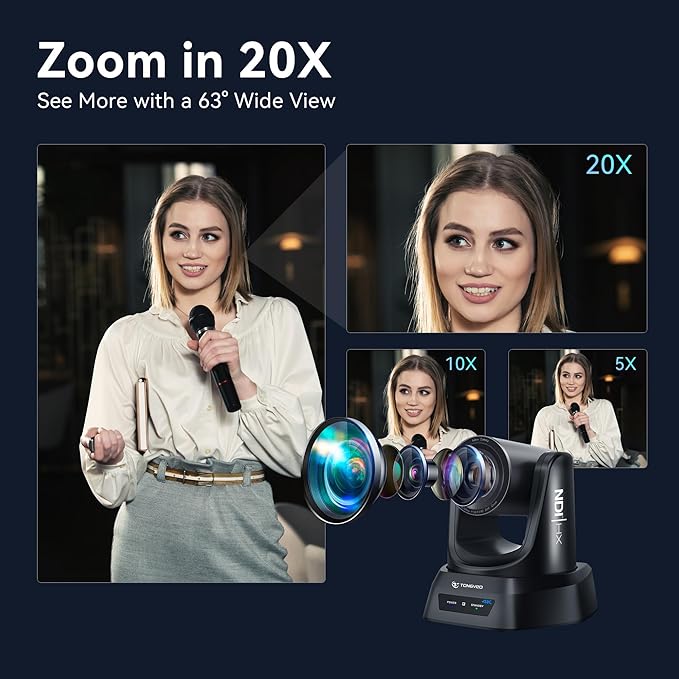 TONGVEO 4K NDI PTZ Camera AI Auto-Tracking 20X Optical Zoom HDMI IP Live Streaming SDI USB3.0 PoE LAN Supports for Church Worship Event Video Conference YouTube OBS vMix Zoom Teams and More