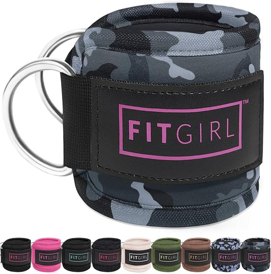 FITGIRL - Ankle Strap (Single) for Cable Machines and Resistance Bands, Work Out Cuff Attachment for Home & Gym, Glute Workouts - Kickbacks, Leg Extensions, Hip Abductors, Women Only (Camo, Single)