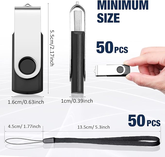 Aoriher 50 Pack USB 2.0 Flash Drives Bulk, Portable USB Thumb Drives with Lanyards, Swivel Flash Drive Thumb Drive for Office School Data Storage (128MB)