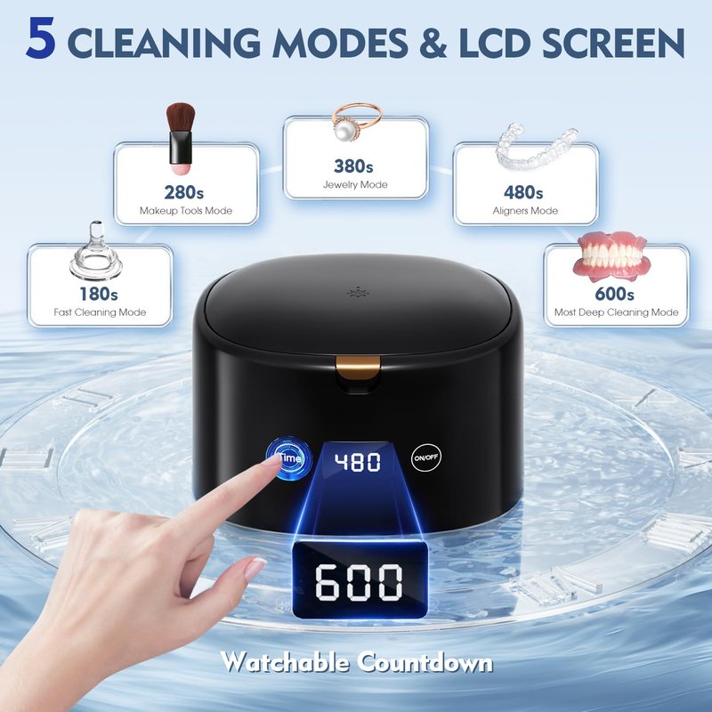 Ultrasonic Retainer Cleaner - 45kHz Sonic Dental Cleaning Machine for Dentures, Mouth Guards & Jewelry | 5 Modes, Black