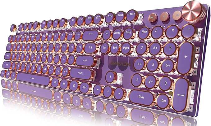 EWEADN Wired Typewriter Mechanical Keyboard, Low Noise Pink Switch Retro Punk Keyboard with Media Knob, White Backlit, Metal Panel, 104-Key Round Keycaps Cute Keyboard for Windows PC -Purple