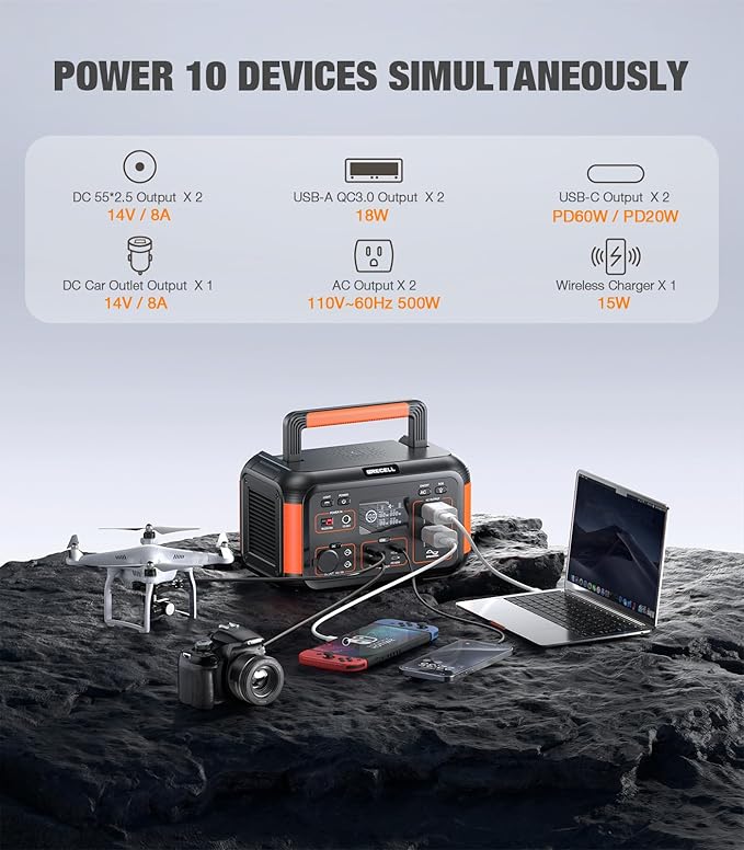 500W Portable Power Station 519.48Wh, Solar Generator with 60W USB-C PD Output, Built-in BMS 120V Pure Sine Wave AC Outlet Backup Lithium Battery for Outdoors Camping Travel Emergency (Peak 1000W)