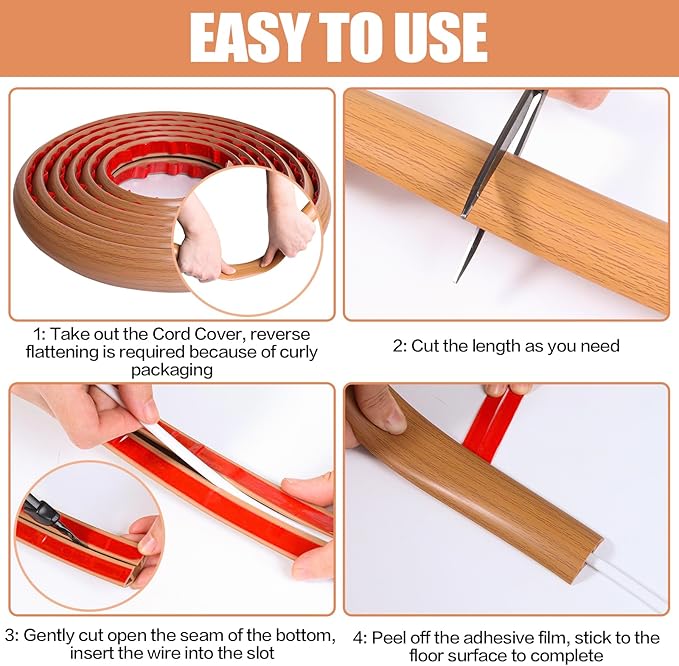 Floor Cord Cover Cavity 0.8"x0.37" Self Adhesive Cord Hider, 3.3FT Low Profile Cable Management, Extension Strip Protector for Wires, Prevent Cable Trips for Offices, Gyms, Exhibitions (Brown Wood)