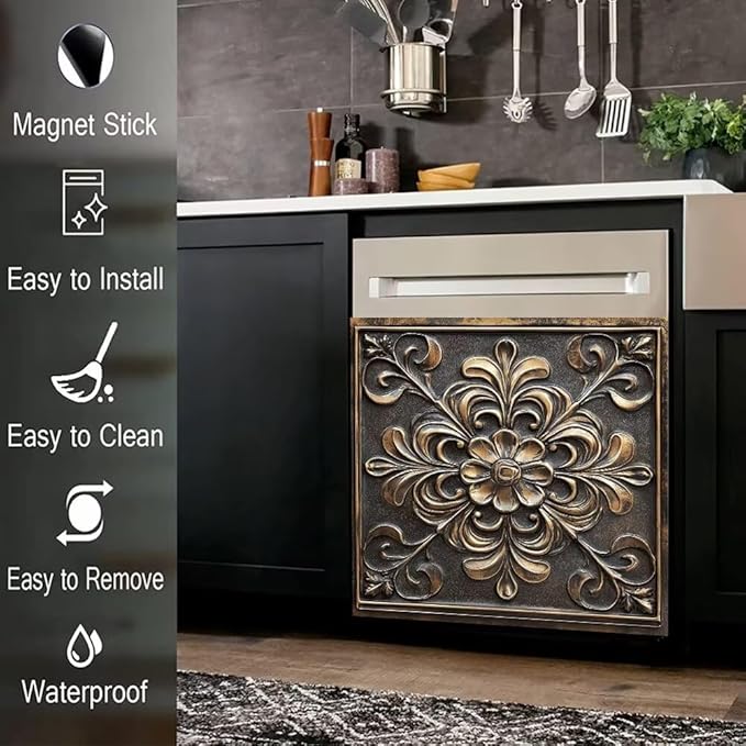 Kitchen Decor Dishwasher Magnet Cover Decal, Bronze and Gold Floral Medallion Magnetic Dish Washer Panel Door Vinyl Sticker, Refrigerator Magnets,Easy to Clean, 23 x 26 inch