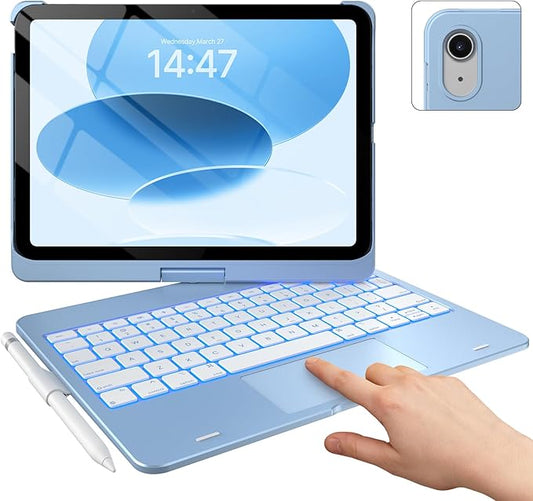typecase Touch iPad 11th 10th Generation Case with Keyboard (11" 2025, A16 & 10.9" 2022) – 360° Rotatable, 11-Color Backlit, Multi-Touch Trackpad, Pencil Holder, Thin & Light – Sky Blue