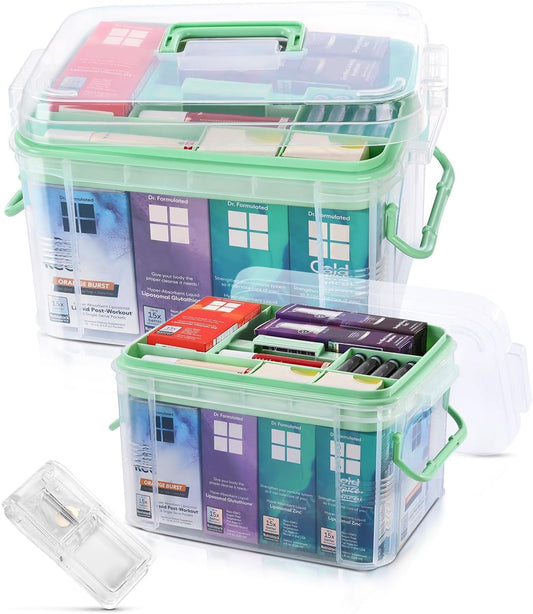 Skiennix Medicine Organizer Storage Box - 2 Pack Clear Portable Pill Splitter with Lids & Labels