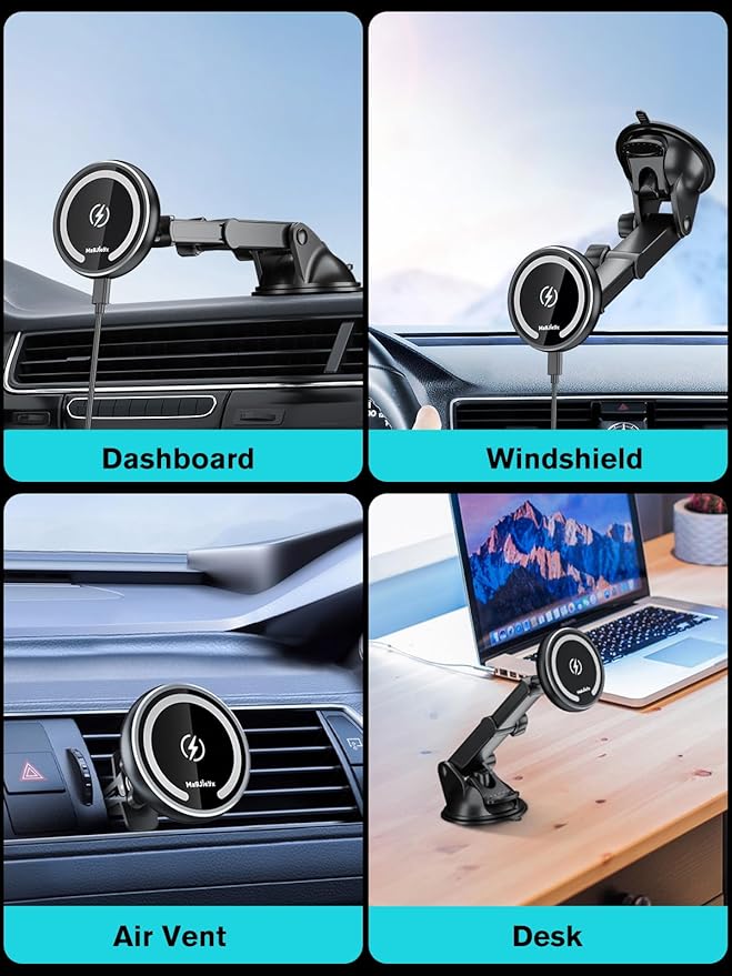 MAGJIEYX for Magnetic Magsafe Car Mount Charger, Wireless Car Charger with Fast 36W QC3.0 Charging Adapter Retractable Arm Phone Holder Fits iPhone 15/14/13 Plus/MagSafe Case,Dashboard/Vent/Windshield