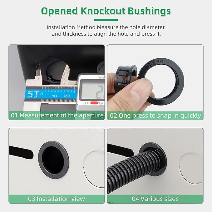 EASYEAH 5/16"(8mm) Black Snap-in Knockout Insulating Bushing Grommets, Plastic Cable Hole Grommets for Wiring, Round Nylon Snap in Locking Electrical Wire Cord Hose & Tubing Bushings Grommets, 70pcs