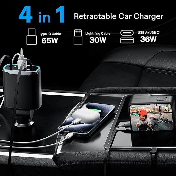 Retractable Fast Car Phone Charger Adapter 131W, Retractable Cables (31.5 inch) & 2 USB Ports for iPhone 16/15/14/13/12/11 Pro/Samsung