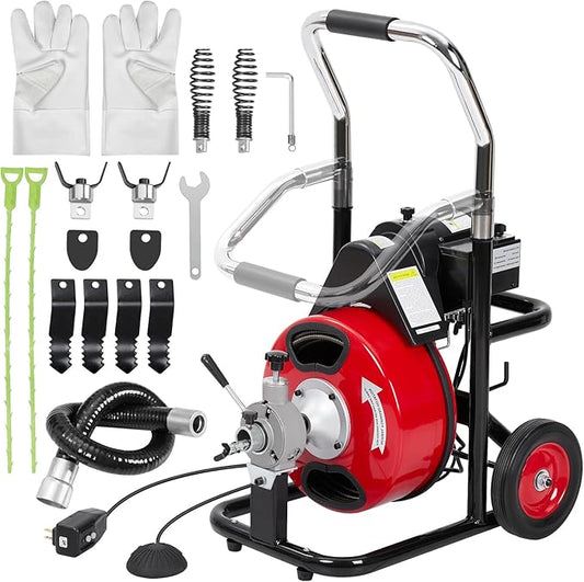 Drain Cleaner Machine 75FT x 1/2 Inch, Sewer Snake Auger with 370W Motor, Auto Feed, 8/4 Cutter Blades, Foot Switch & Wheels, Gloves, Semi-Enclosed Drum, Portable Drain Cleaning Tool for 1"-4" Pipes
