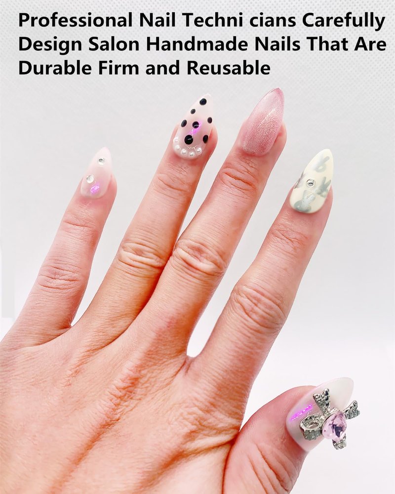 CAMILCY Handmade Nails Press on Long pointed tip Pink Hand Painted Reusable Gel UV Finished Pre Shaped False Nails for Women 10pcs 3D Glitzadora Handmade Nails (A087, L)