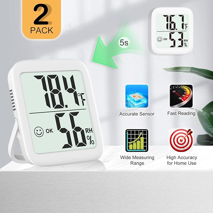 Antonki 2 Pack Room Thermometer for Home, Hygrometer Indoor Humidity Meter Gauge, Digital Temperature and Humidity Monitor Sensor for House, Terrarium, Incubator, Greenhouse - Battery Included