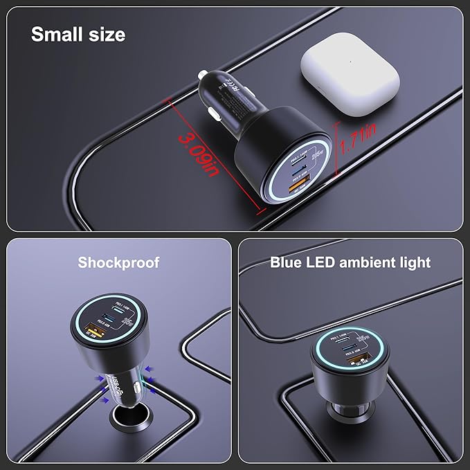 Ubigbuy 205W USB C Car Charger - 3-Ports, PD3.1 140W