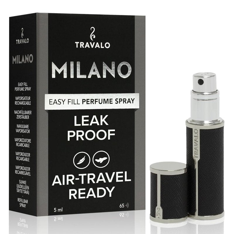 Travalo Milano Perfume Atomizer | Leak-Proof & TSA Approved Mini Sprayer - Reusable Black Vegan Leather with Polished Metal