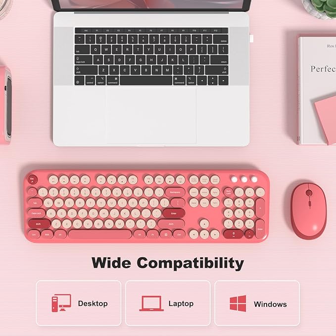 KNOWSQT Wireless Keyboard and Mouse Combo - Lovely Red 2.4G Full-Sized Colorful Keyboards, Round Keycap USB Dongle Plug Play Cute Keyboards for Windows, Laptop, PC, Desktop, Mac