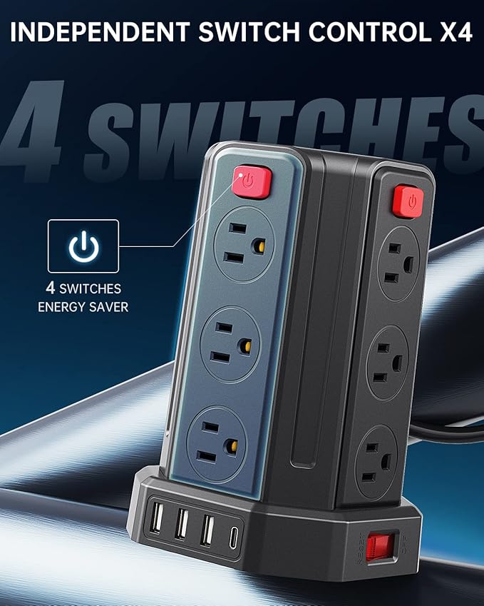 Power Strip Surge Protector, 10 Ft Extension Cord with 12 AC Multiple Outlets 4 USB (1 USB C), SMALLRT Power Tower Desktop Charging Station