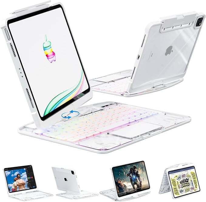 KARTICE Transparent Case with Wireless Keyboard for iPad Pro 11 Inch (M4,2024), 7 Colors Backlight, Multi-Touch Trackpad, 360° Rotating Stand Case with Pencil Holder for iPad Pro 11
