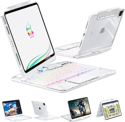 Transparent Case with Wireless Keyboard for iPad 11th Gen 11 Inch (A16, 2025) & iPad 10th Gen 10.9 Inch (2022), 7 Colors Backlight, Multi-Touch Trackpad, 360° Rotating Stand Case for 11th/10th