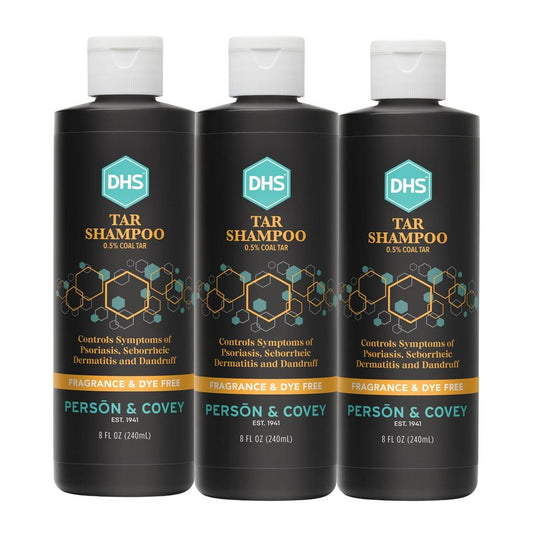 DHS Person & Covey, Inc Coal Tar Shampoo - Dandruff Shampoo for Men & Women, Psoriasis & Dandruff Hair Care for Itchy Scalp, Unscented Seborrheic Dermatitis Hair Care - 8 Fl Oz, Pack of 3