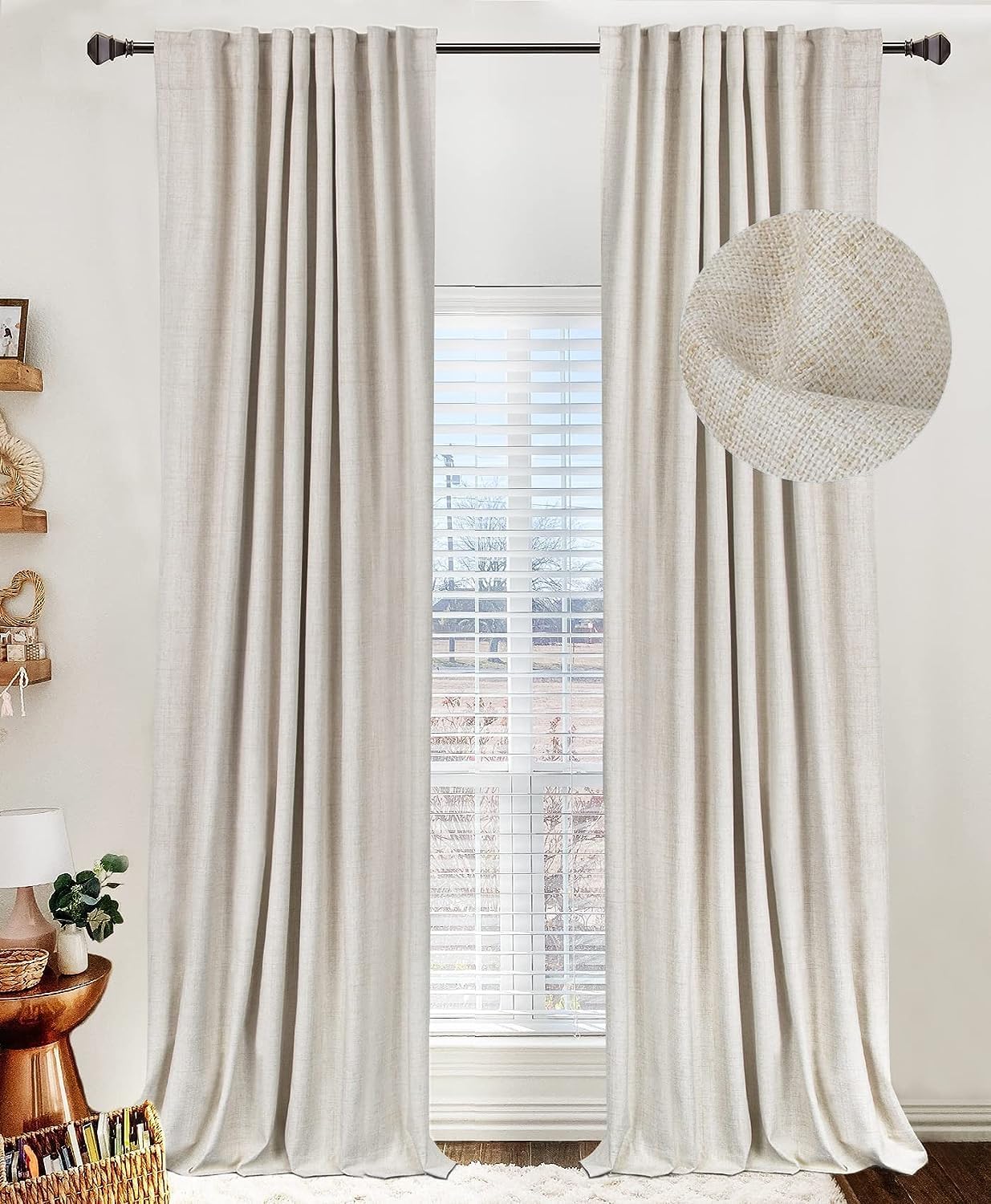 Skiennix 100% Blackout Linen Curtains - Thermal Insulated Drapes for Bedroom | 50" W x 72" L, Cream