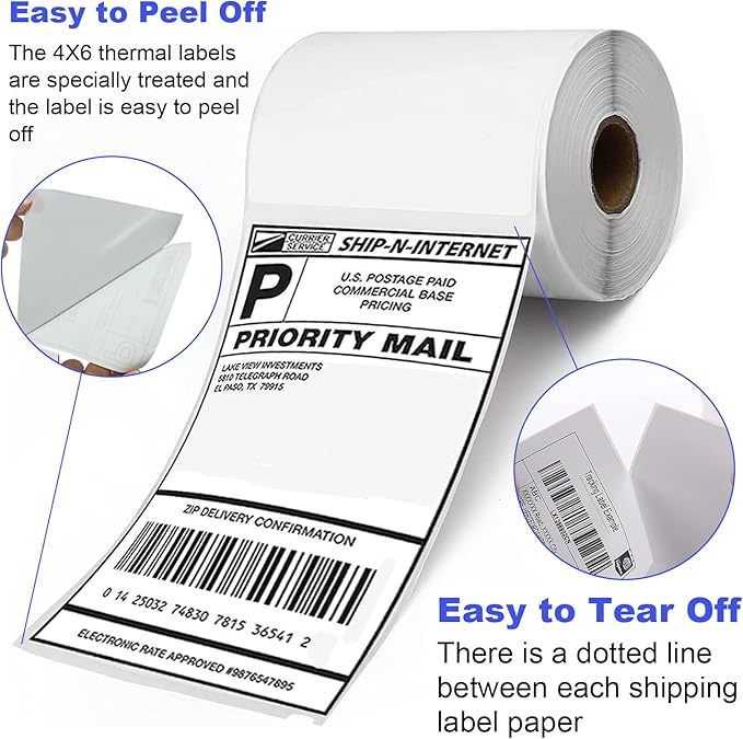FungLam 4 Rolls 4x6 Direct Thermal Shipping Labels, 250 Labels Per Roll, 1" Core, Perforated, White Mailing Postage Shipping Label Compatible with Zebra 2844 ZP-450 ZP-500