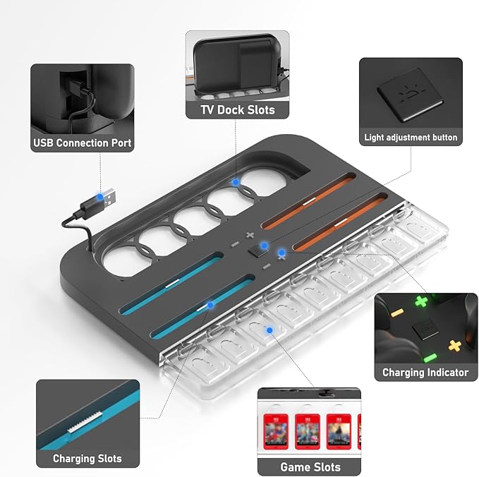 Charger Charging Dock for Nintendo Switch 2 (2025), Charging Dock Station for Joycon 2 with RGB Light Mode, 9 Game Slots, Game Accessories Storage Organizer