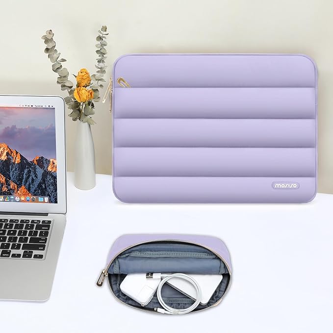 MOSISO Laptop Case 16 inch, 15-15.6 inch Puffy Laptop Sleeve Compatible with MacBook Pro 16 M5 M4 M3 M2 M1, HP Dell ASUS Acer Toshiba Lenovo, Polyester Horizontal Bag with Small Case, Purple