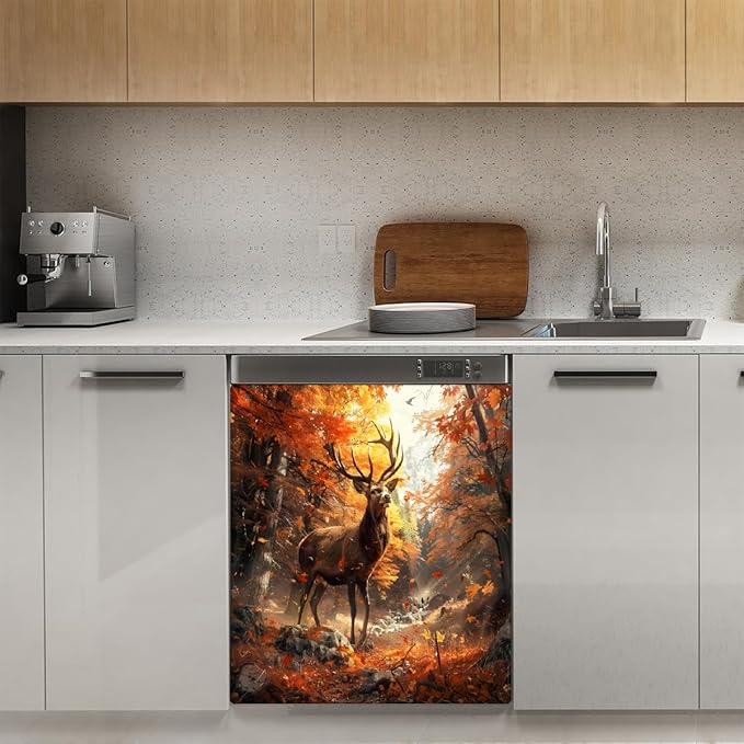 Autumn Forest Deer Dishwasher Magnet Cover for The Front Magnetic Dishwasher Door Covers Dish Washer Sticker Wrap Home Decorative Appliances Panel Decal Kitchen Decor 23" x 26" (Magnetic)