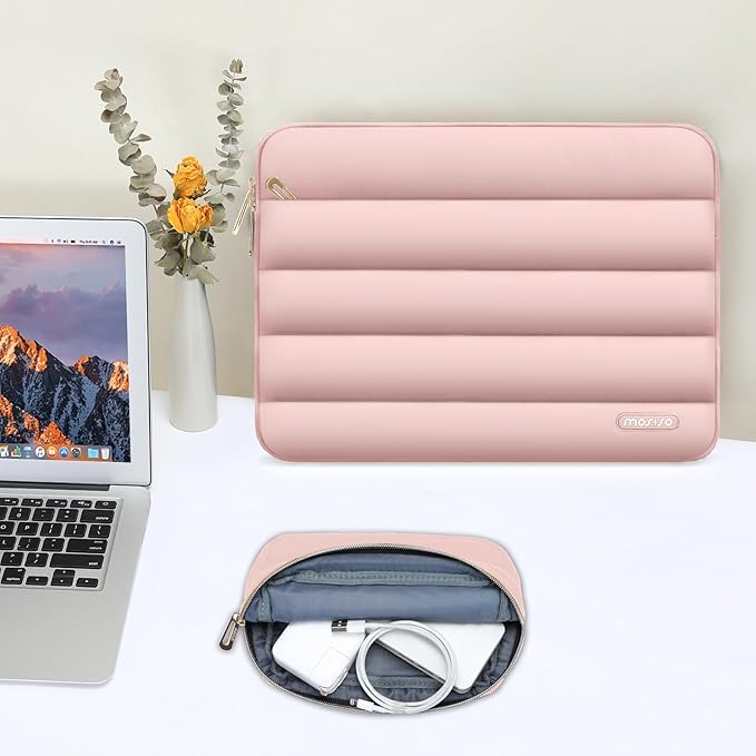 MOSISO Laptop Case 16 inch, 15-15.6 inch Puffy Laptop Sleeve Compatible with MacBook Pro 16 M5 M4 M3 M2 M1, HP Dell ASUS Acer Toshiba Lenovo, Polyester Horizontal Bag with Small Case, Pink