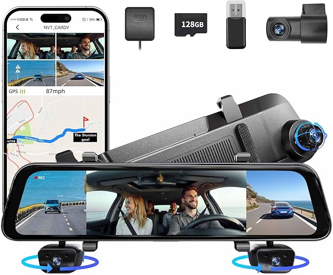 12" Rear View Mirror Camera,4 Channel Mirror Dash Cam Front and Rear Inside,Backup Camera for Cars,5.8GHz WiFi 360 Smart Rearview Camera,APP,GPS,Night Vision Backup Camera, Free 128GB SD Card