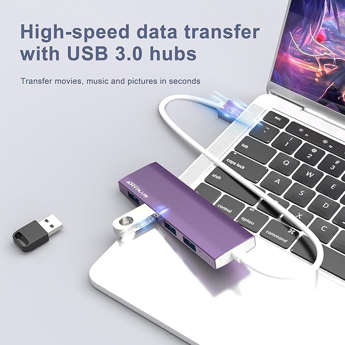 ANYPLUS USB Hub, USB 3.0 Hub Aluminum Alloy Ultra Slim USB Splitter, Portable 4 Port USB Extender, USB Hub for Laptop, PC, MacBook, iMac, Surface Pro, Mac Pro, Flash Drive, XPS 【Purple】
