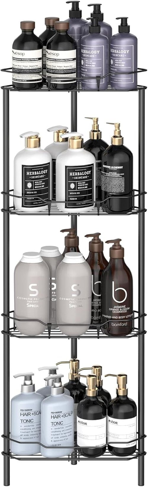 HuggieGems Corner Shower Caddy Organizer - 4 Tier Floor Standing Shelf with Hooks | Matte Black Finish