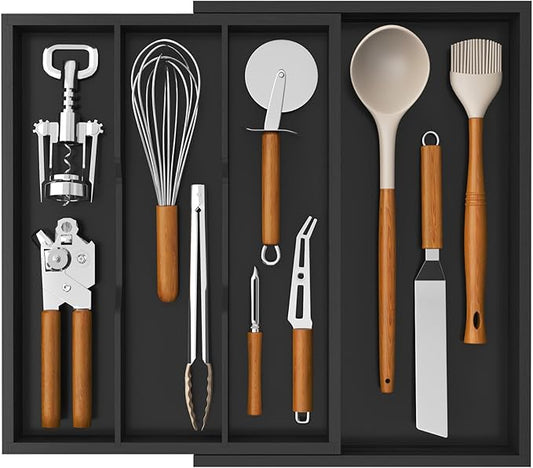 Lifewit Utensil Organizer for Kitchen Drawer, Expandable Cooking Utensil Tray, Cutlery Silverware Flatware Holder, Wood Adjustable Spatula Tools Storage Divider, 30-55 x 40cm, Black