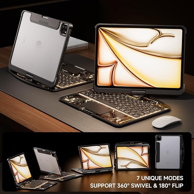Tiaota Transparent Case with Keyboard for iPad 9th (7th, 8th, and 9th Gen) 10.2 Inch,with 7-Color Backlit Wireless Keyboard,360°Rotatable Protective Case Multi-Touch Trackpad,with Pencil Holder,Black