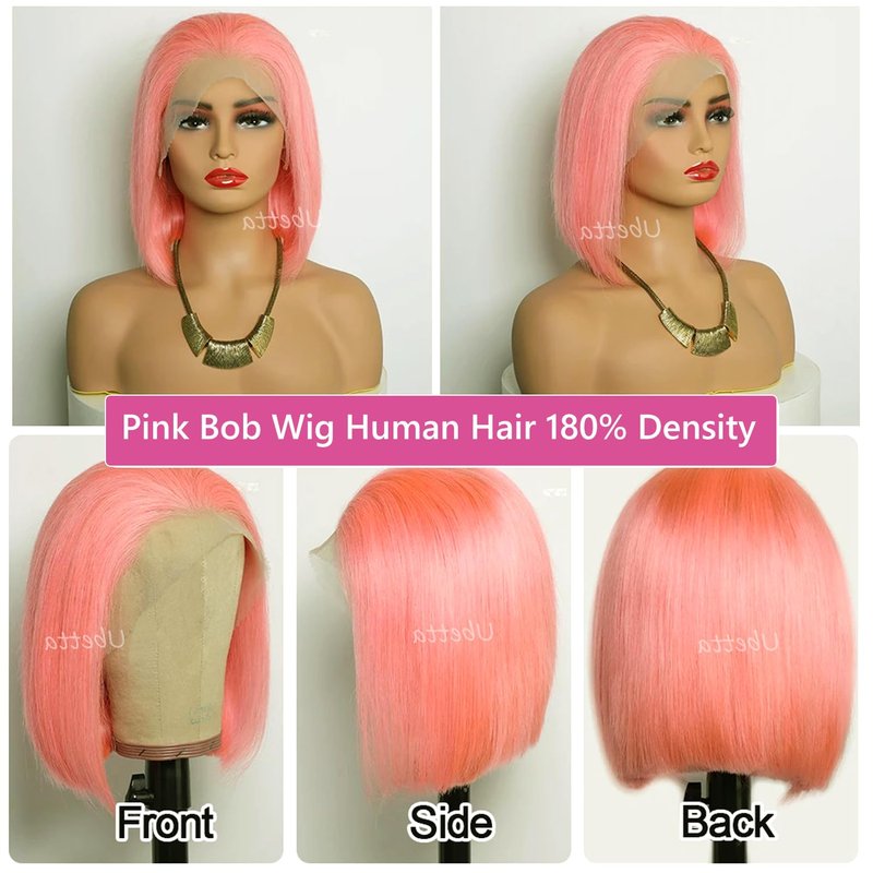 Bob Wig Human Hair Pink 13x4 Lace Front Wigs Human Hair, 180 Density Glueless Wigs Human Hair Pre Plucked Pre Cut 12 Inch Short Bob Wig Brazilian Virgin Human Hair Lace Front Wigs for Black Women