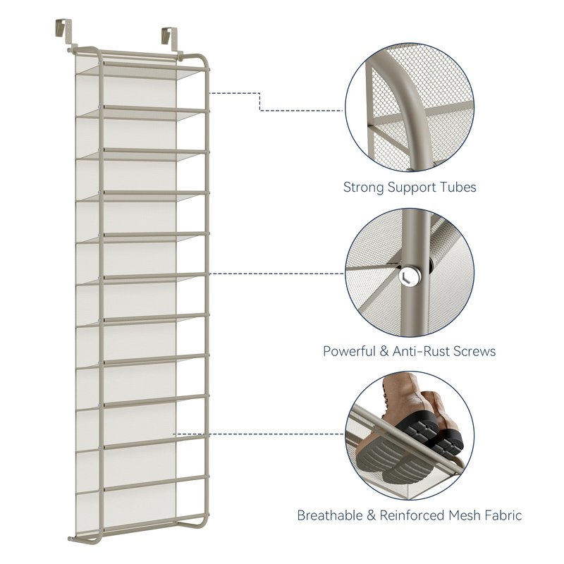 Whitmor 36 Pair Over The Door Shoe Organizer, 12 Tier Hanging Shoe Organizer, Heavy Duty Metal & Mesh Shoe Holder, Hanging Shoe Rack for Closet Organizer & Storage, 69"L x 21.7"W x 7.5"H, Mocha