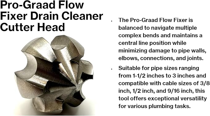 1.2” Flow Fixer Drain Cleaner Plumbing Snake Cutter Head for 1-1/2" - 3" Pipes, Clears & Scrapes Pipe Inner Walls, Fits 3/8”, 1/2" or 9/16” Cables, for Commercial & Residential Use