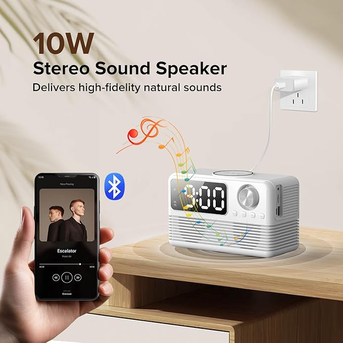 FlyShow 15W Fast Wireless Charger with Bluetooth Speaker and Alarm Clock Radio,4 in1 Wireless Charging Station for iPhone,Android Phones with FM Radio for Bedroom